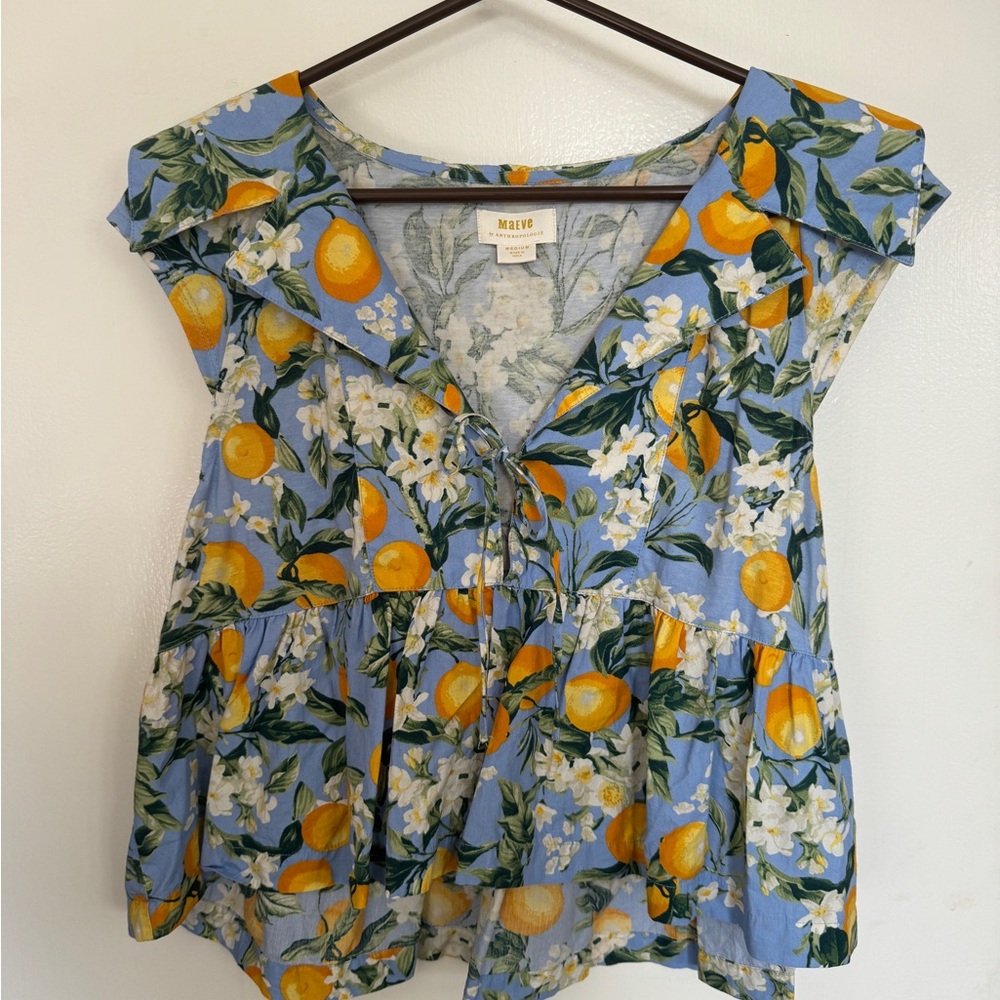 Anthropologie Maeve Blue Floral/Lemon Women's Blouse